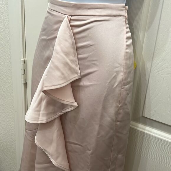 Expressss Skirt Sz 8 Light Pink Slimming Ruffle Front Side Zipper Midi New Silky - Picture 4 of 8